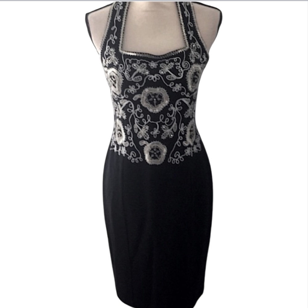 VINTAGE OUTLANDER EMBROIDERED DRESS *BLACK, SILVER *MEDIUM *Y2K *HALTER *WOOL